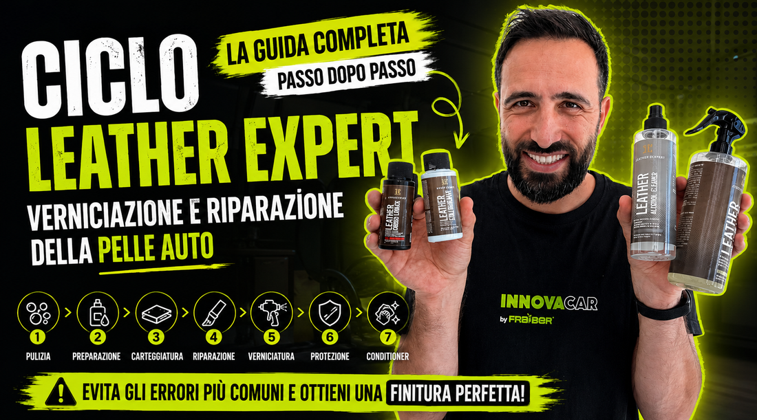 Ciclo Leather Expert per riparazione e verniciatura della pelle auto: guida completa con prodotti per pulizia, preparazione, riparazione, colore e protezione di volanti e sedili in pelle.