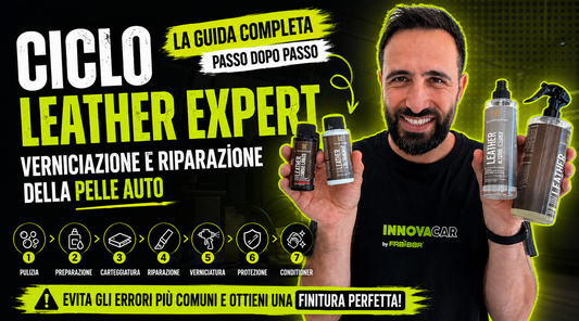 Ciclo Leather Expert per riparazione e verniciatura della pelle auto: guida completa con prodotti per pulizia, preparazione, riparazione, colore e protezione di volanti e sedili in pelle.
