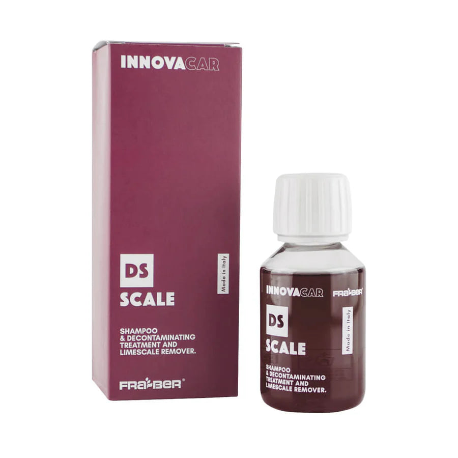 Innovacar DS Scale bottiglia trasparente da 100ml e scatola accanto. shampoo e scatola color viola 