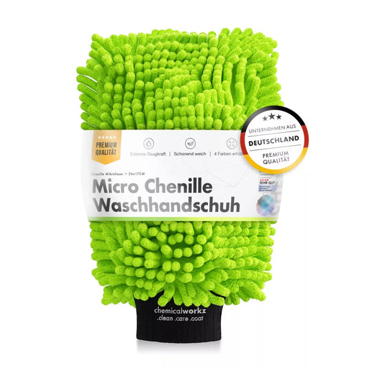 Guanto in microfibra per lavaggio a range lunghe colore verde chemicalworkz in confezione