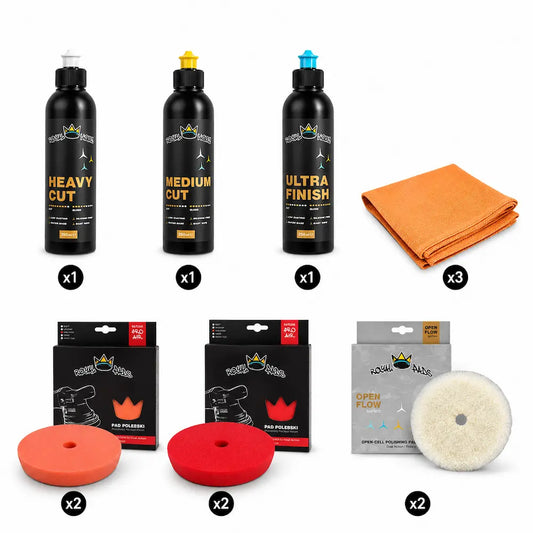 kit completo per la lucidatura professionale a tre step con rotorbitale con prodotti e tamponi royal pads