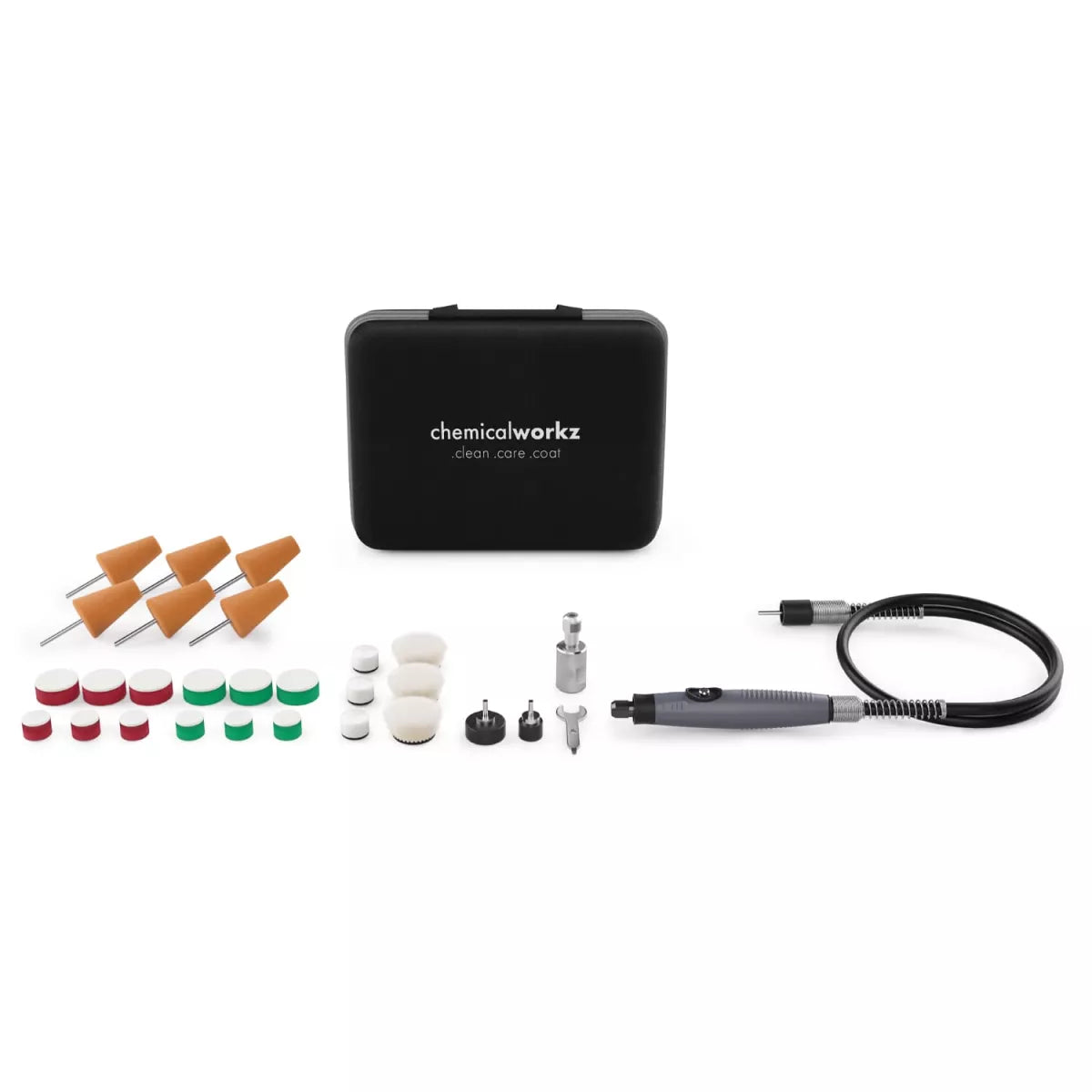 Micro lucidatrice Chemicalworkz con asta flessibile con valigetta per trasporto e kit di platorelli, chiavi, coni e tamponi