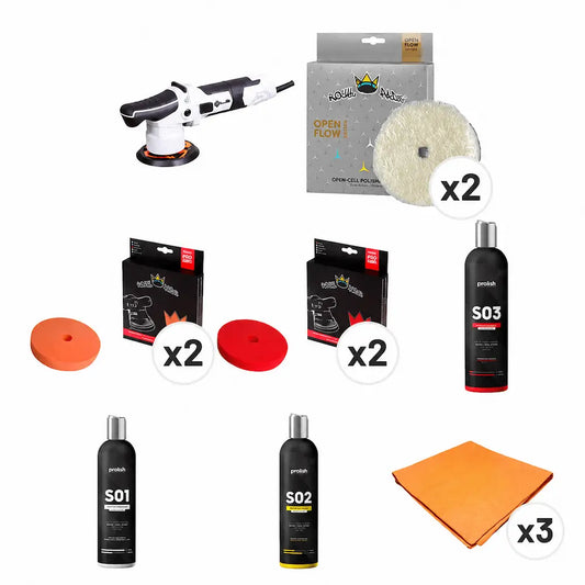 kit completo per lucidatura professionale a tre step con lucidatrice liquid elements t2000 v4, tamponi royal pads e polish Prolish serie s