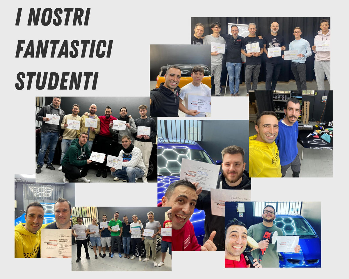 Gruppo di studenti diplomati al termine del workshop di detailing, sorridenti con i loro attestati di partecipazione, pronti a mettere in pratica le competenze apprese sulla lucidatura e protezione auto